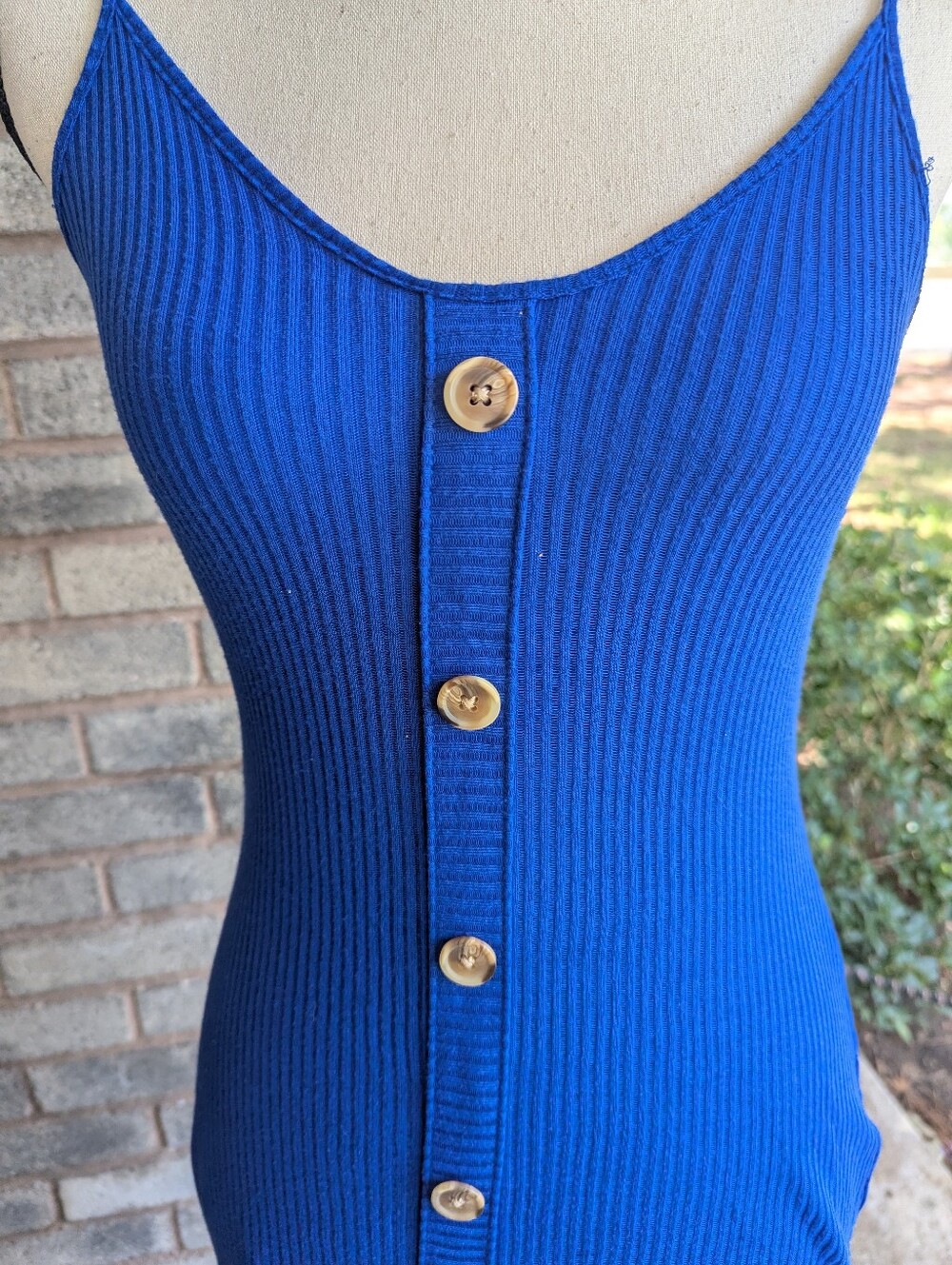 Express Royal Blue Button-Front Ribbed Maxi Dress. - Picture 5 of 5